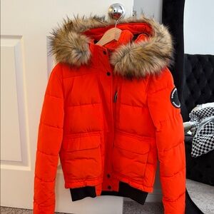 Superdry Bright Orange Puffer Jacket with Fur Hood